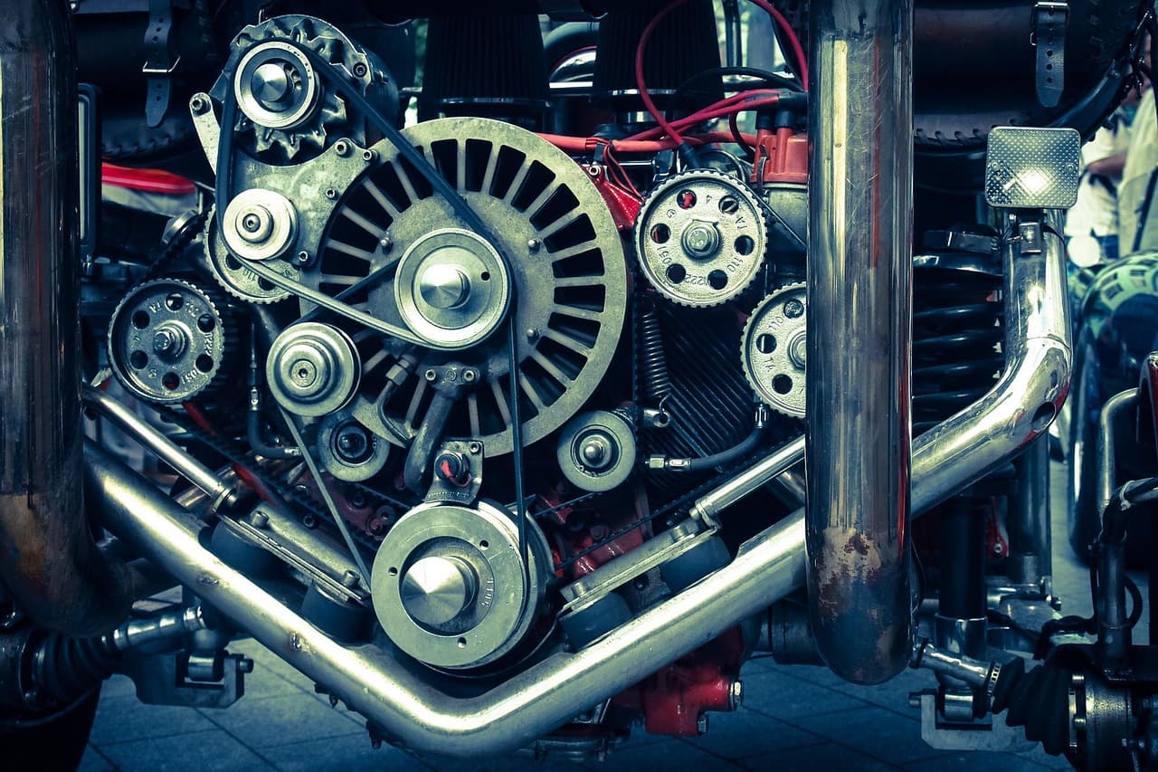 Belts and pulleys on the front of an engine